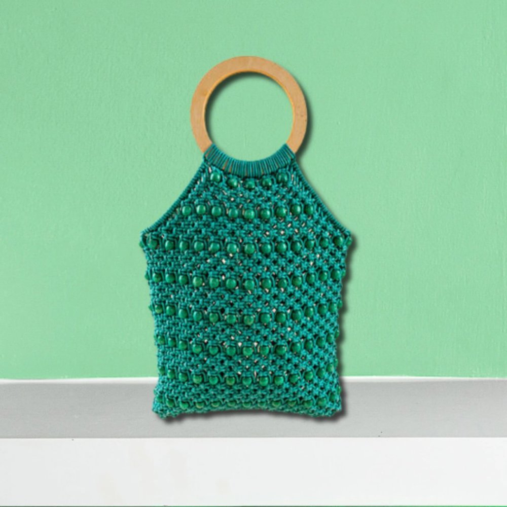 Green Turquoise Macrame Crochet Knit Beaded Boho Wood Handle Tote Handbag - Picture 5 of 5